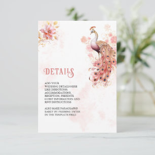 Tarjeta De Recepción Detalles de Boda del Pavo Real Floral de Oro Rosa