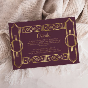 Tarjeta De Recepción Detalles de boda dorados burgundy Deco vintage