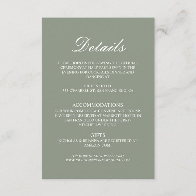 Tarjeta De Recepción Detalles de Boda Elegante Boho Minimalista Verde (Anverso)
