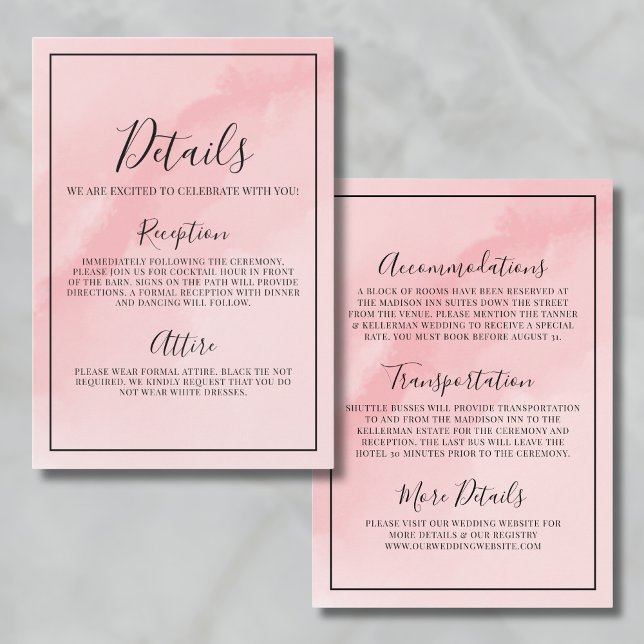 Tarjeta De Recepción Detalles de Boda Elegante Rosa (Minimal Elegant Pink Wedding Details Enclosure Card)