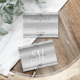 Tarjeta De Recepción Detalles de Boda Elegantes con Brillo Plateado Dam