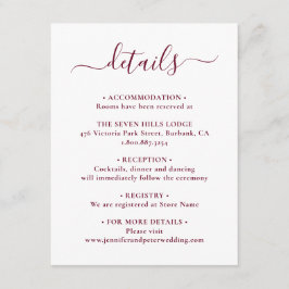 Tarjeta De Recepción Detalles de Boda Elegantes con Escritura Burgundy