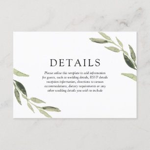 Tarjeta De Recepción Detalles de boda elegantes de hoja verde con acuar