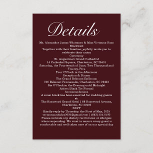 Tarjeta De Recepción Detalles de Boda Elegantes en Burgundy Oscuro y Bl