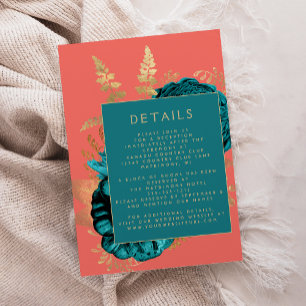 Tarjeta De Recepción Detalles de Boda Elegantes Florales Coral Teal Dor