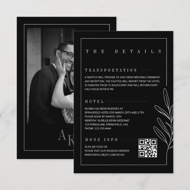 Tarjeta De Recepción Detalles de boda elegantes rústicos negros de líne (Anverso / Reverso)