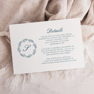 Tarjeta De Recepción Detalles de Boda en Azul Teal con Monograma en Cal