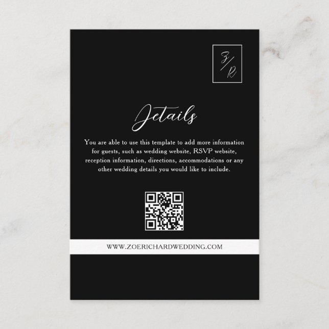 Tarjeta De Recepción Detalles de Boda en Blanco y Negro Código QR (Anverso)