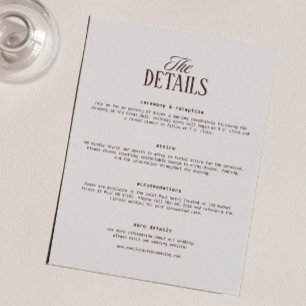 Tarjeta De Recepción Detalles de Boda en Café Espresso Old Money
