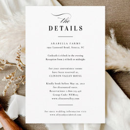 Tarjeta De Recepción Detalles de boda en caligrafía elegante en blanco 