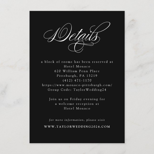 Tarjeta De Recepción Detalles de boda en caligrafía negra y blanca eleg (Anverso)
