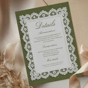 Tarjeta De Recepción Detalles de boda en encaje antiguo dinero verde ol