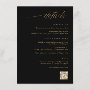 Tarjeta De Recepción Detalles de Boda en Script Delicado Negro y Dorado