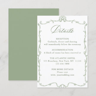 Tarjeta De Recepción Detalles de boda en verde sage floral ornamentado