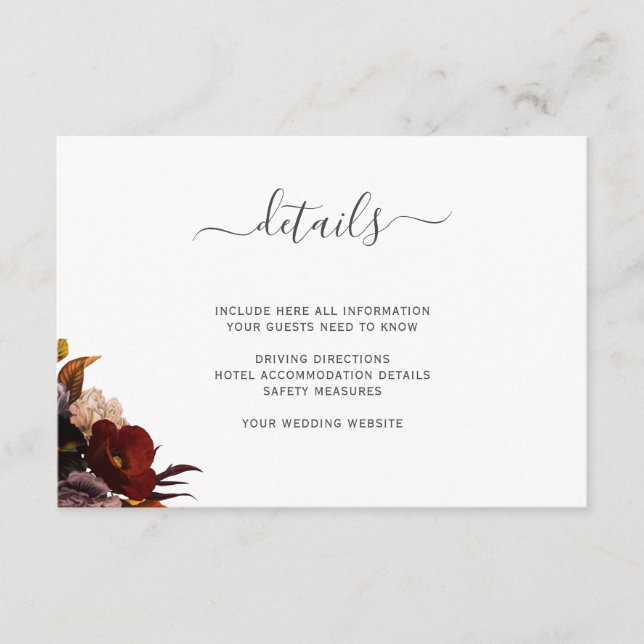 Tarjeta De Recepción detalles de boda encinas florales de otoño rústico (Anverso)