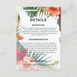 Tarjeta De Recepción Detalles de Boda Exótica Botánica en Destino