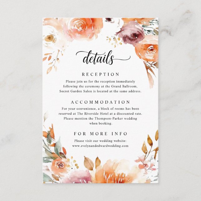 Tarjeta De Recepción Detalles de Boda Floral (Anverso)