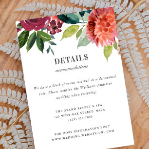 Tarjeta De Recepción Detalles de Boda Floral Acuarela Romántica Elegant