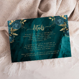 Tarjeta De Recepción Detalles de Boda Floral Ágata Azul Teal Dorado