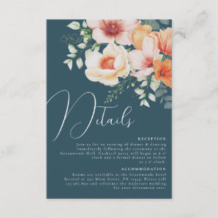 Tarjeta De Recepción Detalles de Boda Floral Azul Turquesa Naranja Melo