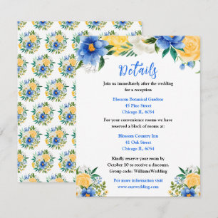 Tarjeta De Recepción Detalles de Boda Floral Azul y Amarillo