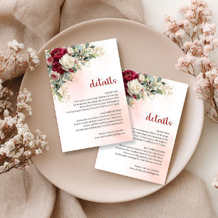 Tarjeta De Recepción Detalles de Boda Floral Blanca Burgundy Atemporal
