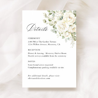 Tarjeta De Recepción Detalles de Boda Floral Blanco Verde Salvia, Cerem