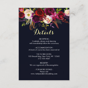 Tarjeta De Recepción Detalles de Boda Floral Bohemio Marsala Marina Inf