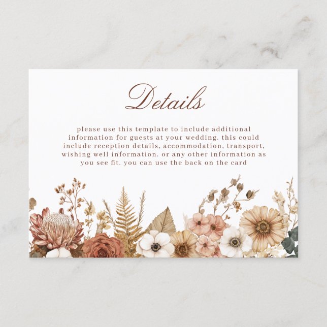 Tarjeta De Recepción Detalles de Boda Floral Boho (Anverso)