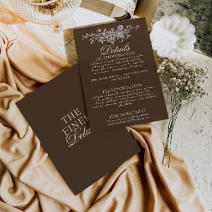 Tarjeta De Recepción Detalles de Boda Floral Boho Marrón Chocolate Eleg
