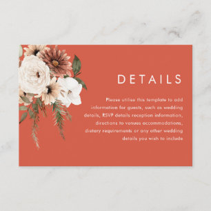 Tarjeta De Recepción Detalles de Boda Floral Boho Vibrante de Terracota