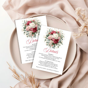 Tarjeta De Recepción Detalles de Boda Floral Burgundy Blush Suave