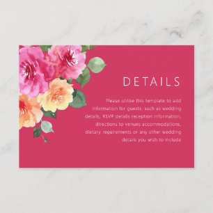 Tarjeta De Recepción Detalles de boda floral de acuarela rosa vibrante