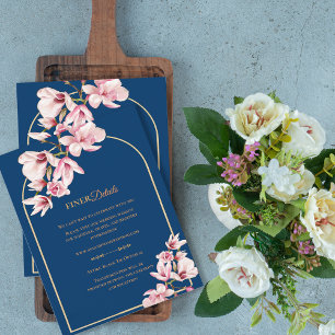 Tarjeta De Recepción Detalles de Boda Floral de Magnolia Azul Marino