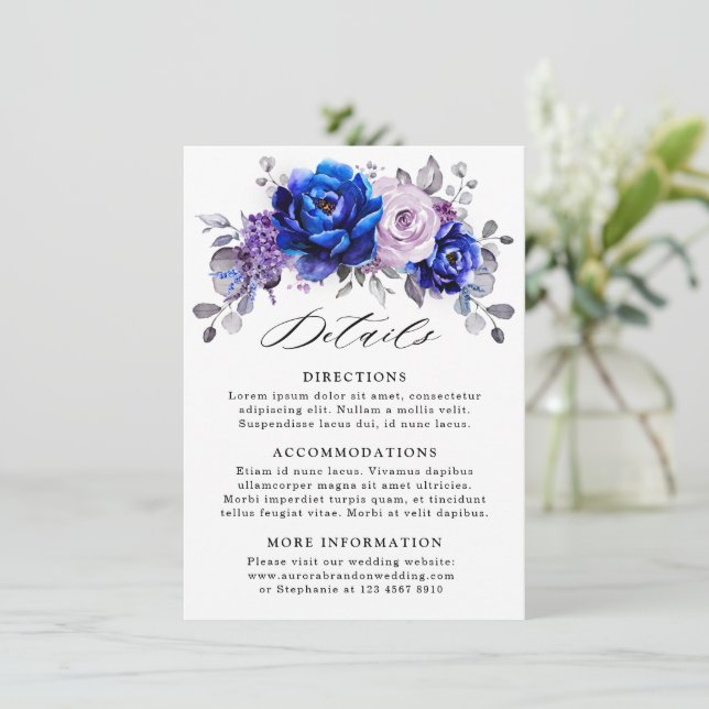 Tarjeta De Recepción Detalles de Boda Floral Lila Azul Real (Anverso de pie)