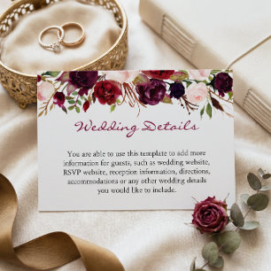 Tarjeta De Recepción Detalles de Boda Floral Rojo Borgoña Marsala Info