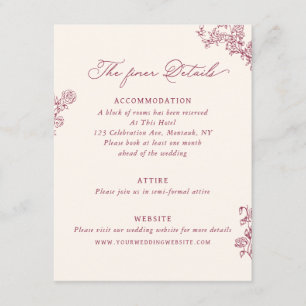 Tarjeta De Recepción Detalles de boda floral rosa borgoña vintage