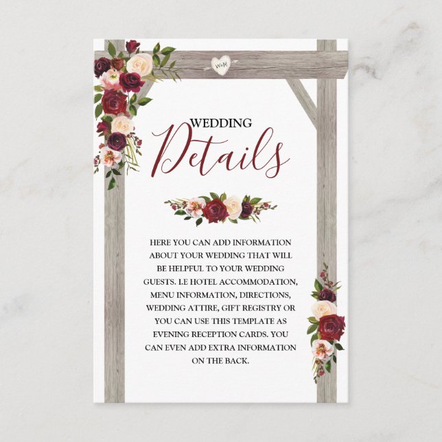 Tarjeta De Recepción Detalles de boda floral rústico Borgoña (Anverso)