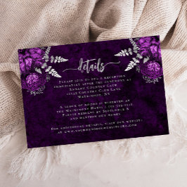 Tarjeta De Recepción Detalles de Boda Floral Script Plata Morado Ciruel
