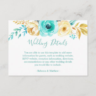 Tarjeta De Recepción Detalles de Boda Floral Turquesa Dorado Chic Info