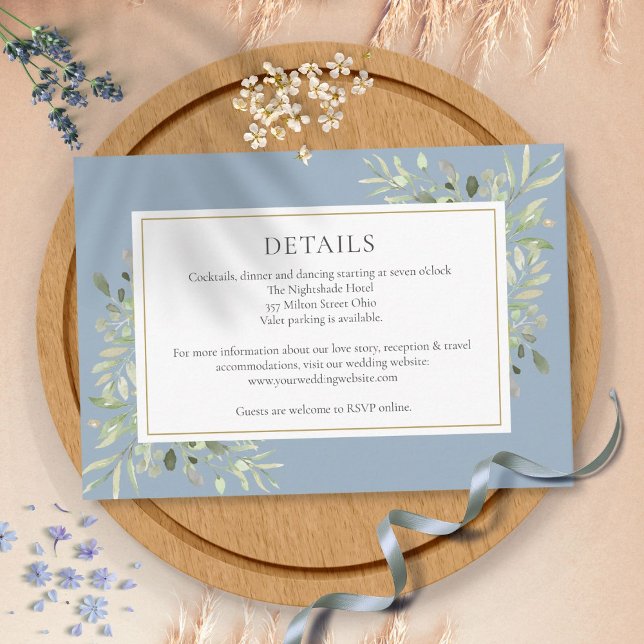 Tarjeta De Recepción Detalles de boda floral verde azul polvoriento (Subido por el creador)