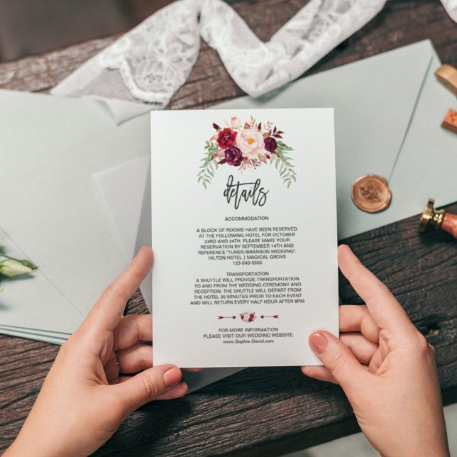 Tarjeta De Recepción Detalles de boda florales de Burgundy encantadores (Subido por el creador)