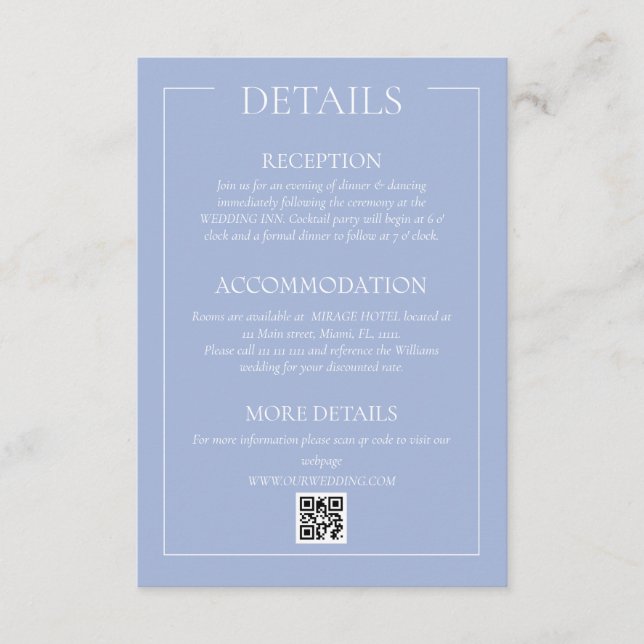 Tarjeta De Recepción Detalles de Boda Formal Azul Claro (Anverso)
