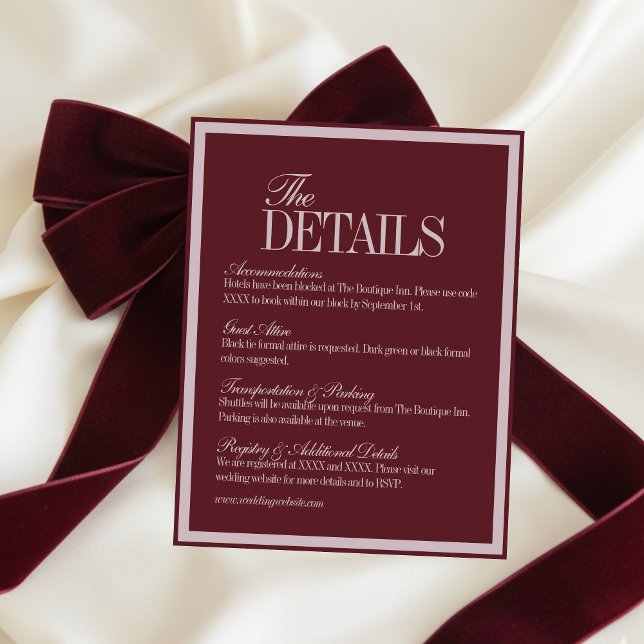 Tarjeta De Recepción Detalles de boda formal en rojo borgoña con letra  (Elegant Script Burgundy Red Formal Wedding Details Enclosure Card)