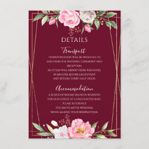 Tarjeta De Recepción Detalles de boda geométricos florales rosa Borgoña