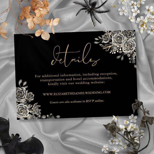 Tarjeta De Recepción Detalles de boda gótica con rosas florales negras  (Black And Gold Floral Roses Gothic Wedding Details Enclosure Card)