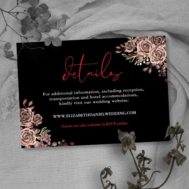 Tarjeta De Recepción Detalles de boda gótica con rosas florales negras  (Black And Red Floral Roses Gothic Wedding Details Enclosure Card)