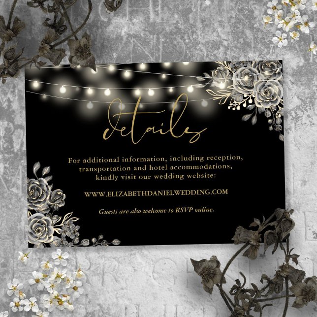 Tarjeta De Recepción Detalles de boda gótica con rosas negras y doradas (Black And Gold Roses Lights Gothic Wedding Details Enclosure Card)