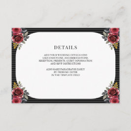 Tarjeta De Recepción Detalles de Boda Gótica Rosas Rojas Rayas Negras