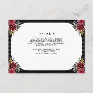 Tarjeta De Recepción Detalles de Boda Gótica Rosas Rojas Rayas Negras